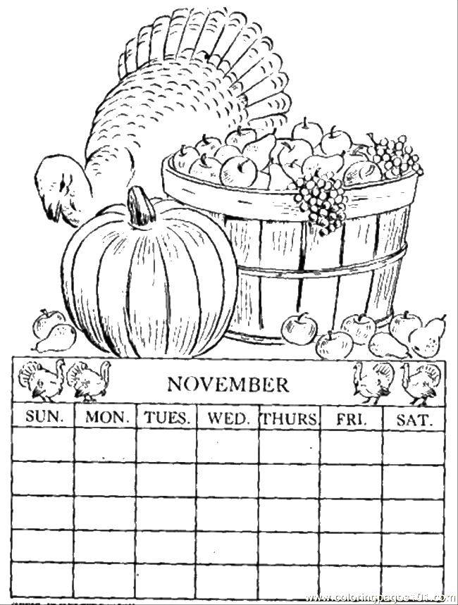 Раскраска календаря на ноябрь с изображением тыквы и индюшки (календарь, ноябрь, тыква, индюшка, увлекательные)