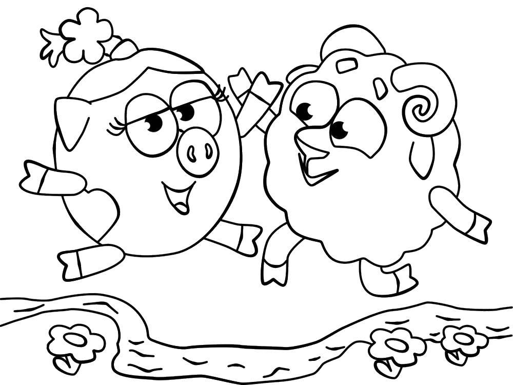 Раскраска с героями мультфильма Смешарики: Нюшей, Барашом и другими персонажами. (нюша, бараш)