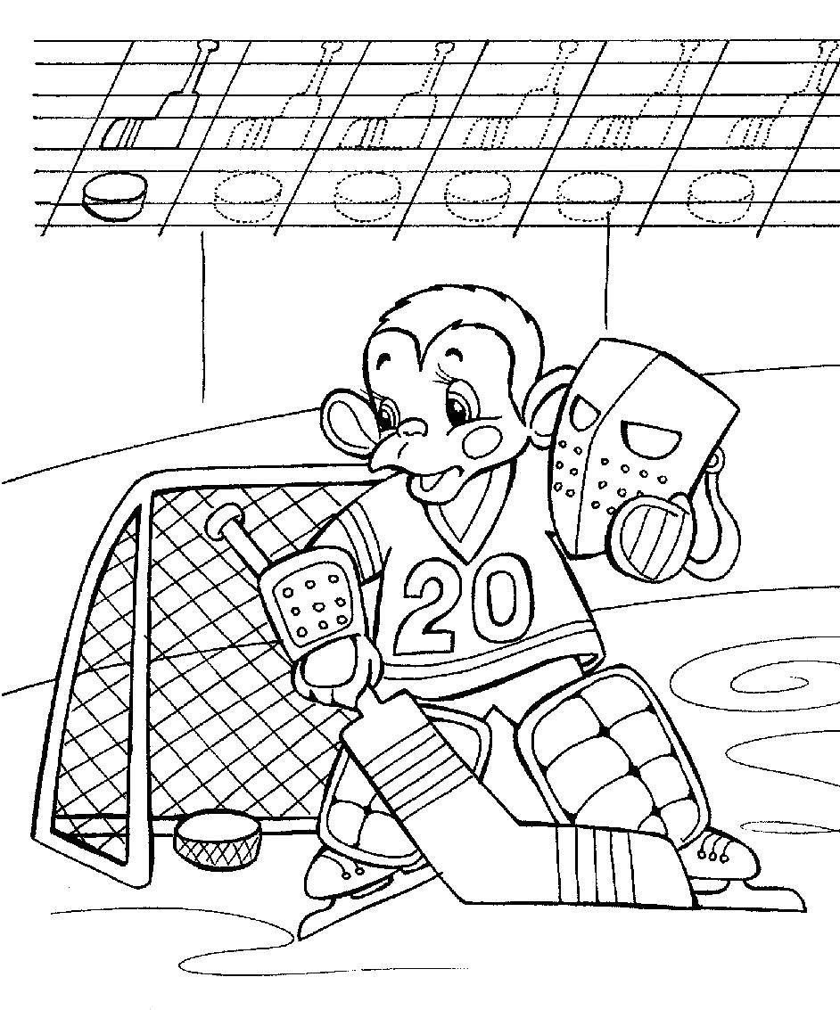 Раскраска Обезьянка играет в хоккей на льду (Обезьянка, хоккей, лёд)