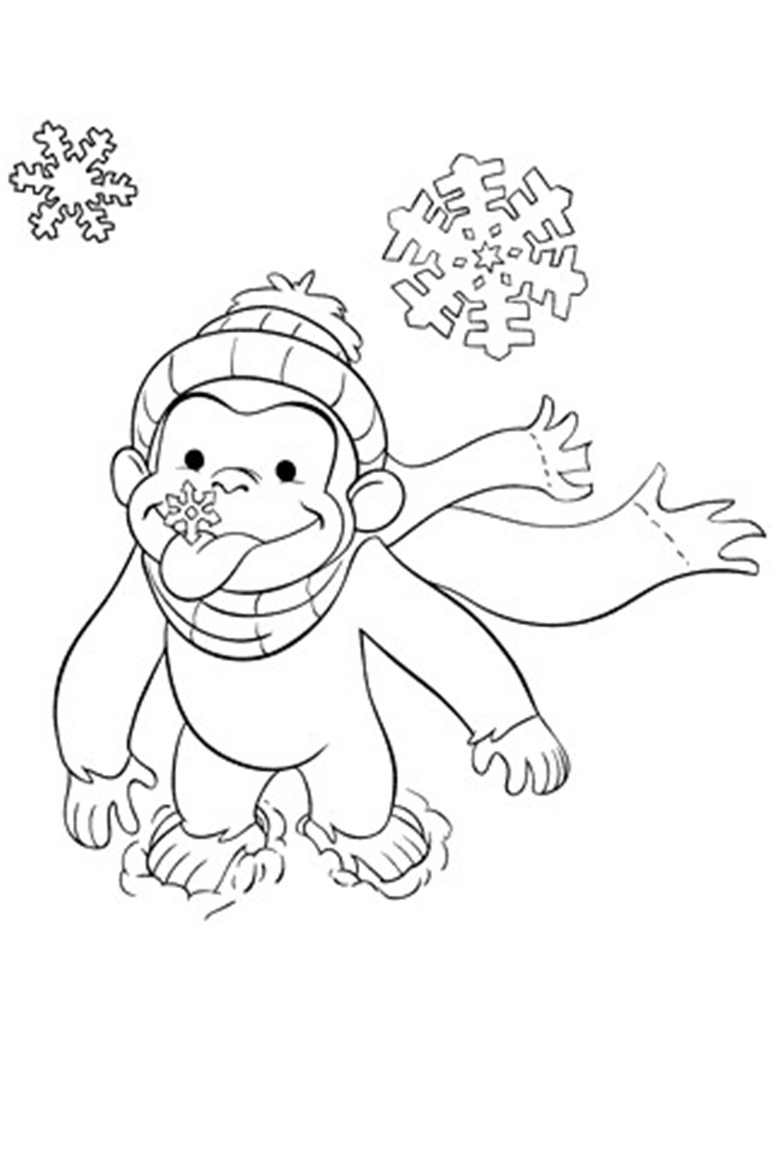 Обезьянка ловит снежинки на раскраске зима для малышей (обезьянка, снежинки)