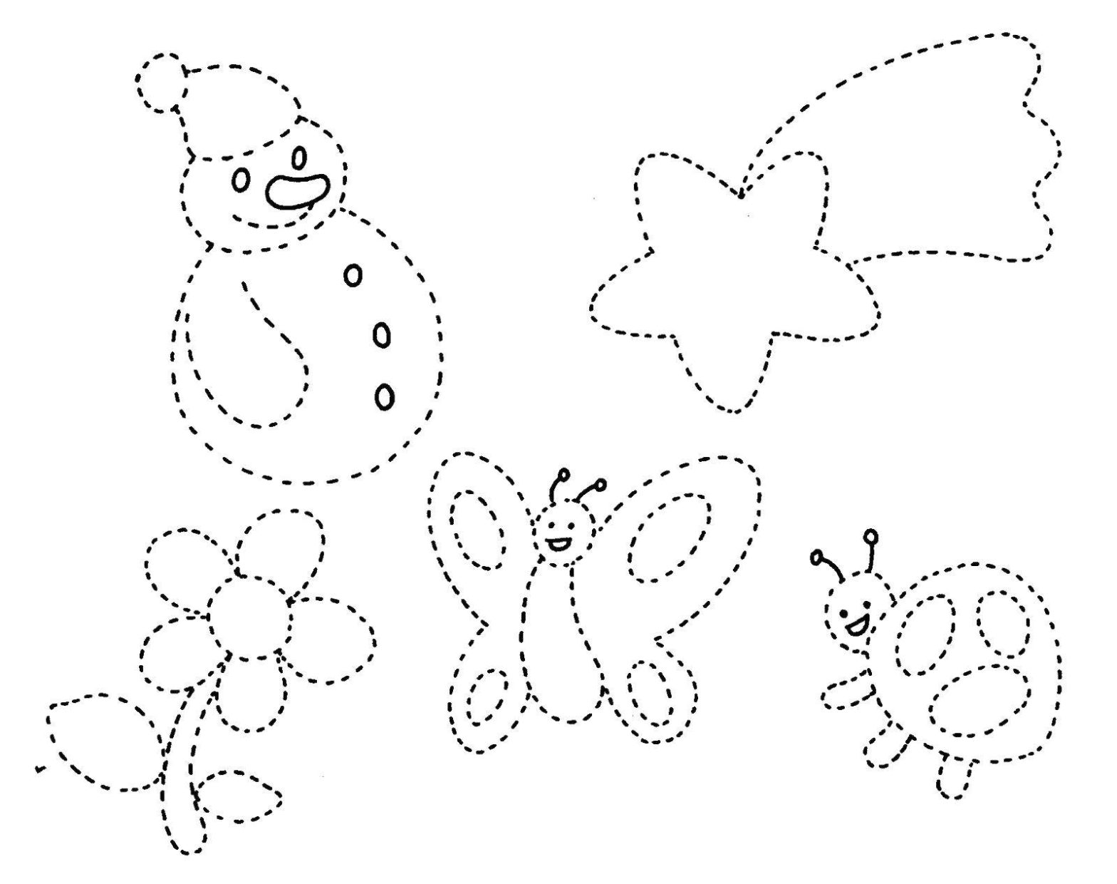 Раскраска по образцу Снеговик, цветок, бабочка, комета, божья коровка (праздники)