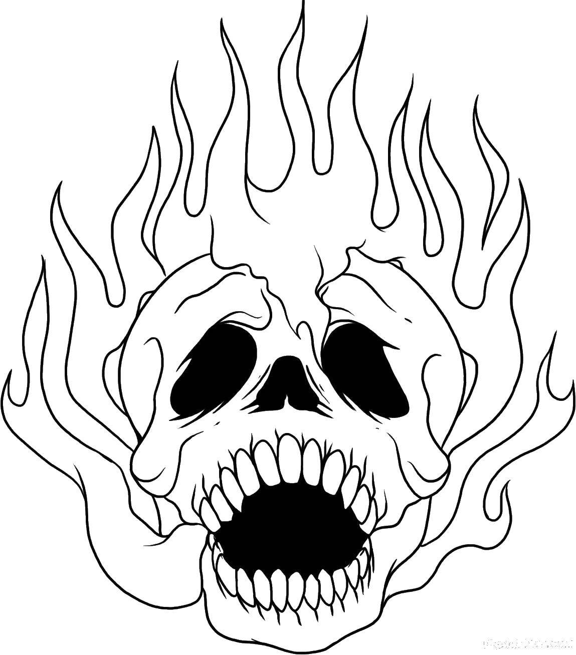 Раскраска с изображением черепа, огня и пламени (череп, пламя)