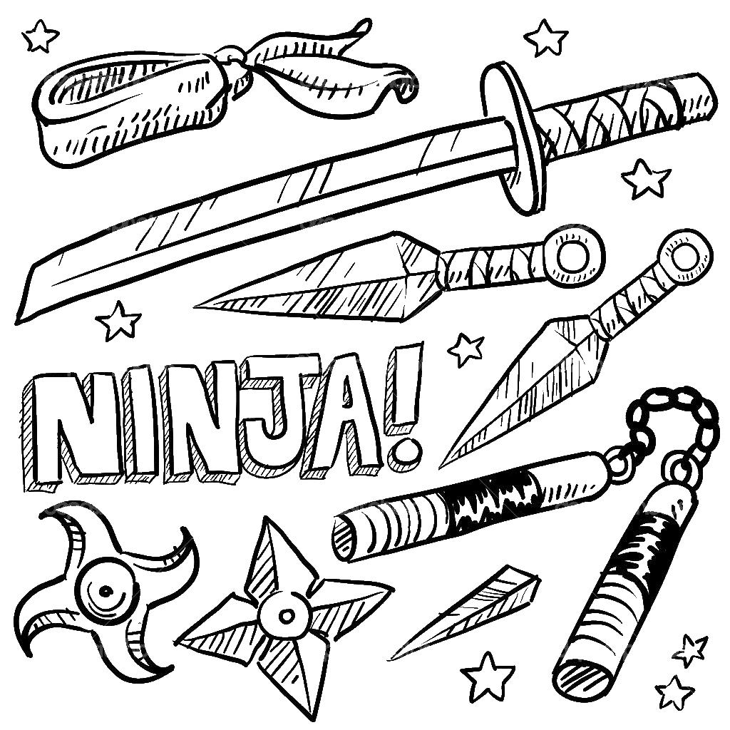 Раскраска с катаной и сурекенами для мальчиков (оружие, ниндзя, катана, сурекены)