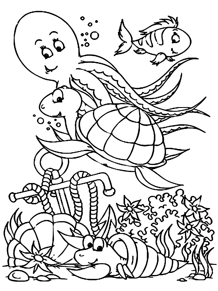 Раскраски морских животных для мальчиков - осьминог, черепаха, рак, рыбка