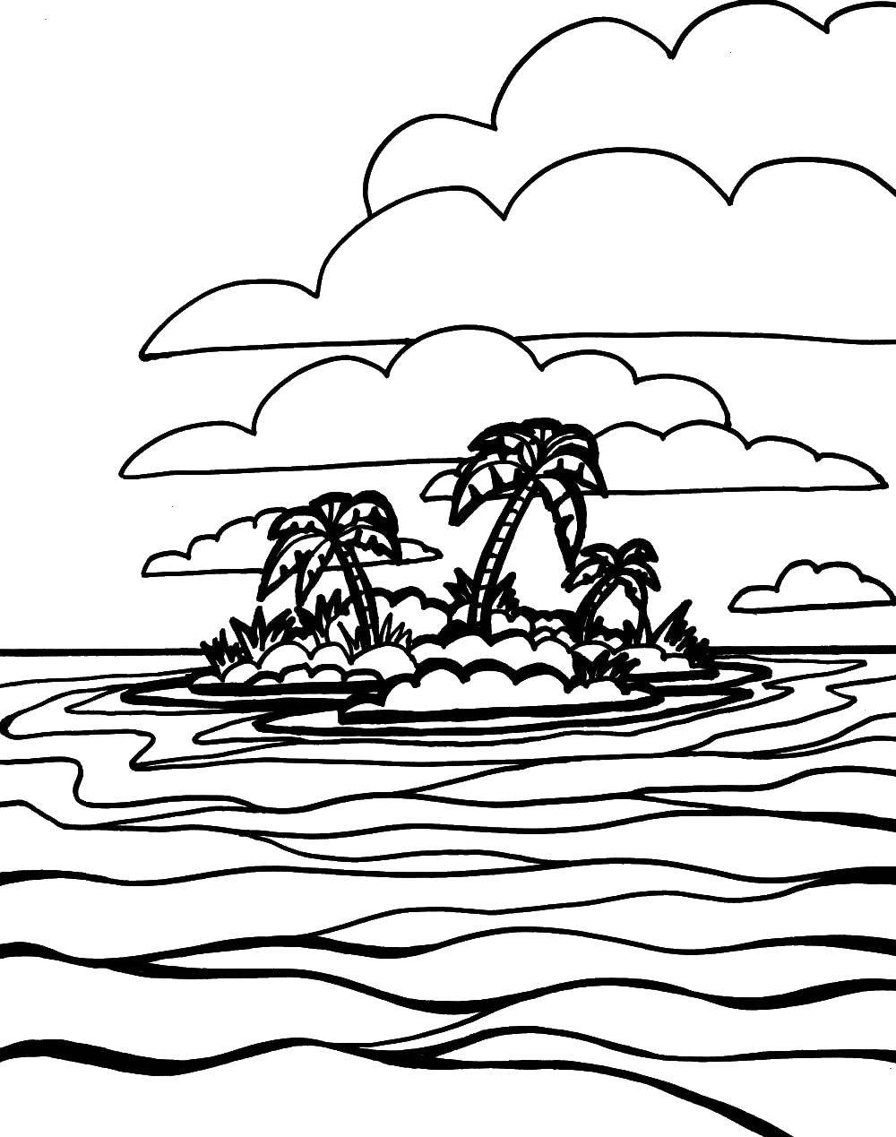 Раскраска океана с пальмами на острове для детей (остров)