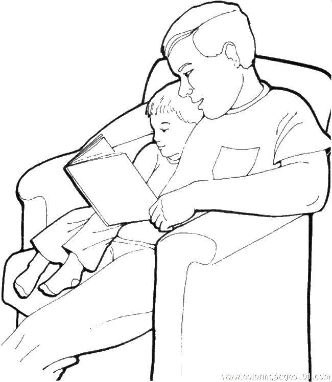 Раскраска про семью с отцом и сыном, книгу (отец, сын, книга, развивающие)