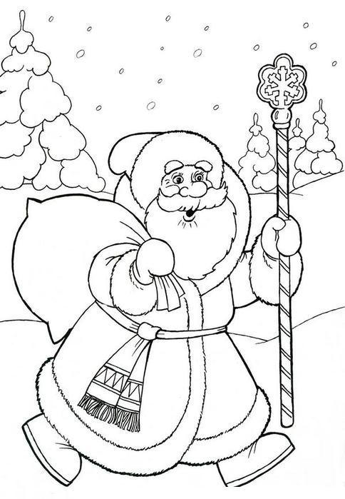 Раскраска деда мороза для новогодней открытки (зима, открытка)
