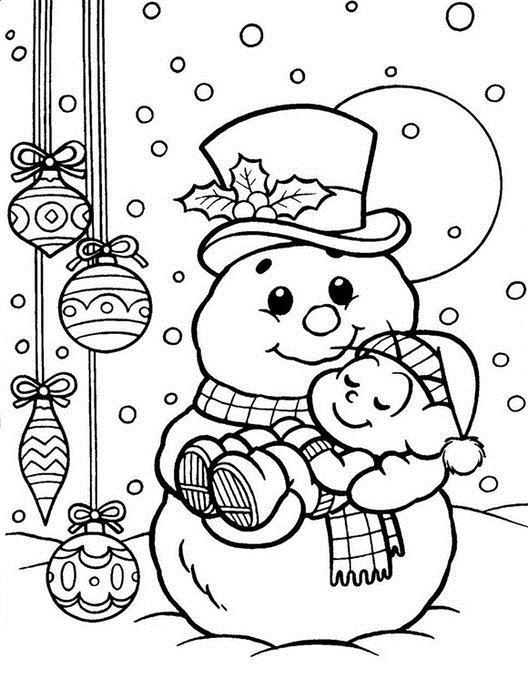 Раскраска с снеговиком и медвежонком на зимней улице (дети, снеговики, медвежата)