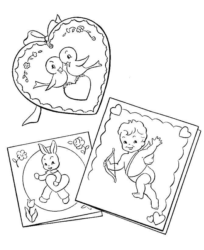 Раскраска с изображением купидона и сердечек на День Святого Валентина (купидон, праздник, картинки)
