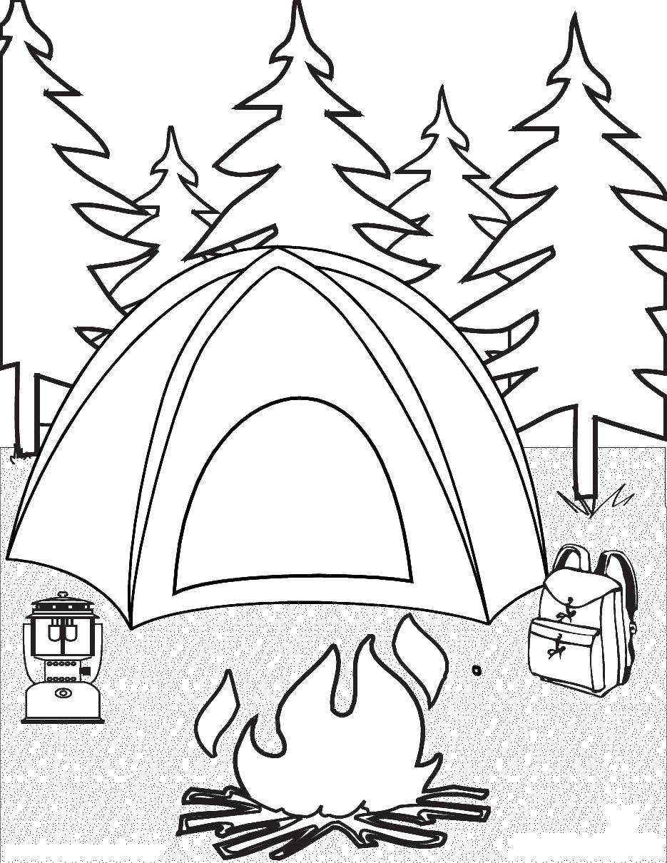 Раскраски на тему Отдых природе: палатка, костер и другие занятия (отдых, палатка, костер, занятия)