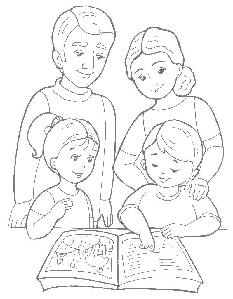 Раскраска семьи из 4 человек: сын, дочка, отец, мать (дети, мать)