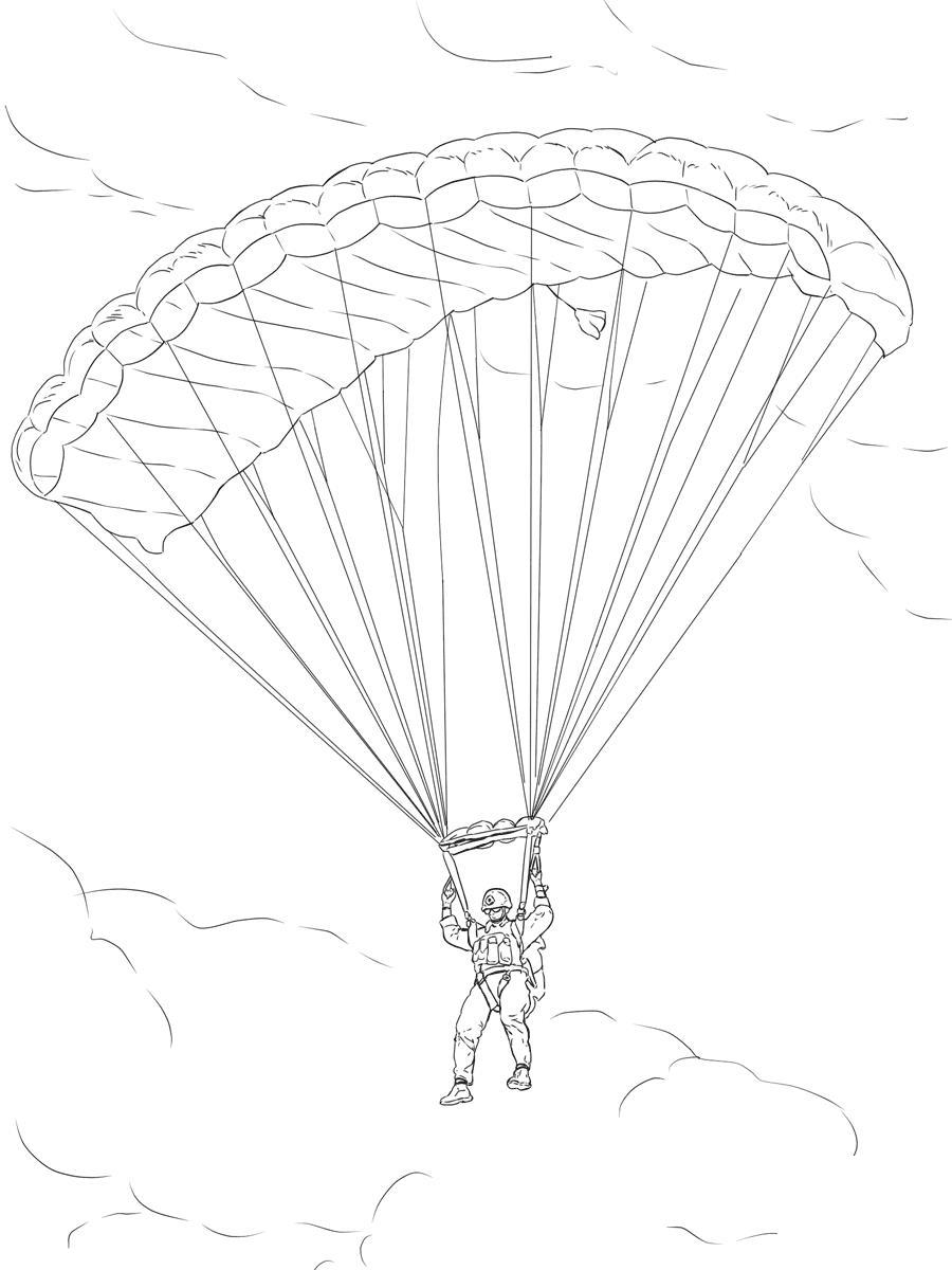 Раскраска Парашютист на длинном прямоугольном парашюте для мальчиков бесплатно