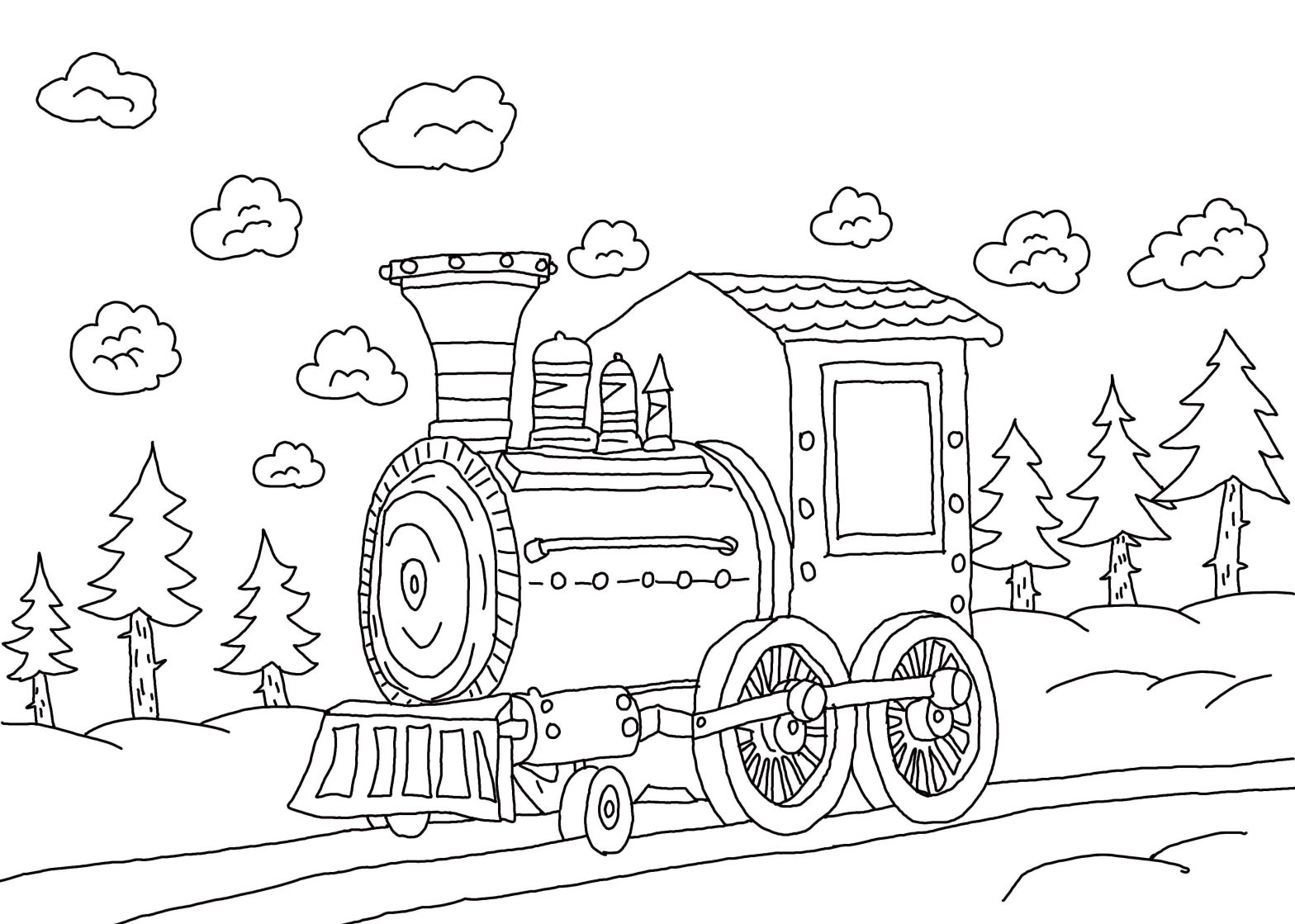 Раскраска транспорт: паровоз, колеса, дымоход, лес (паровоз, дымоход, лес)