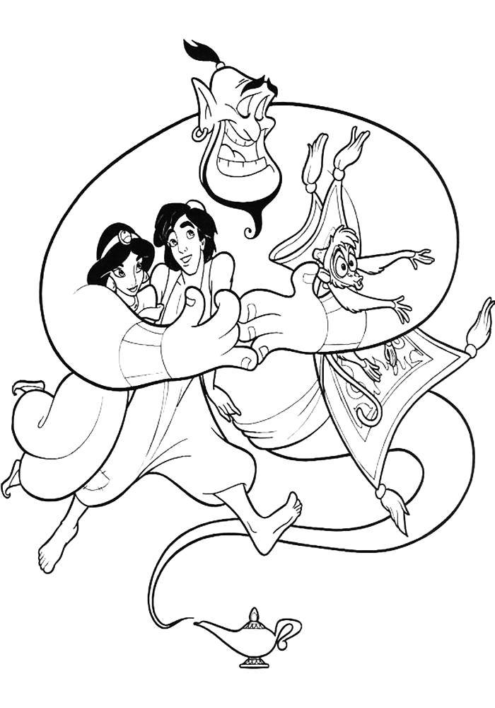 Раскраска Аладдина Диснея с Жасмин и Джином (Жасмин, Джин)