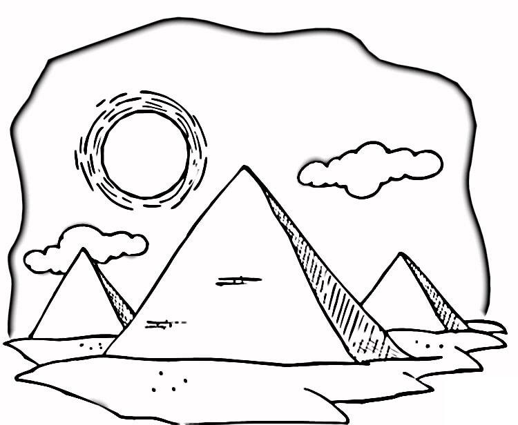 Раскраска для мальчиков: пирамиды в Египте под солнцем (пирамиды, солнце)