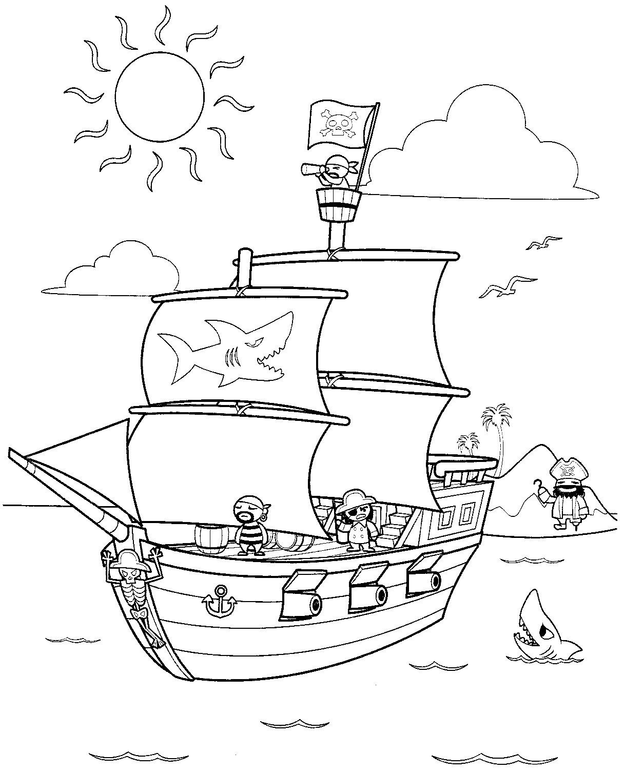 Раскраска пиратов на корабле с пальмами и морем для мальчиков (пираты, остров, море)