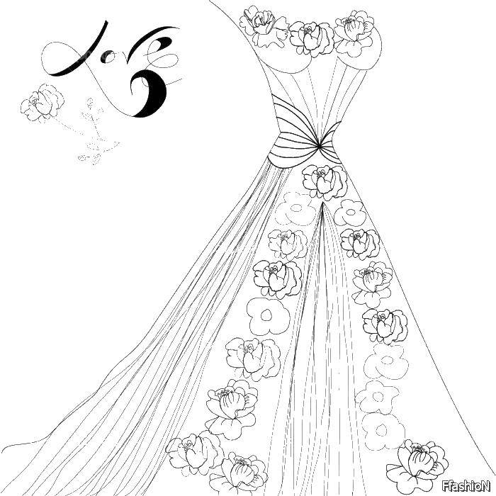 Раскраска свадебного платья с цветами (свадебные, платья, цветы, развлечение)