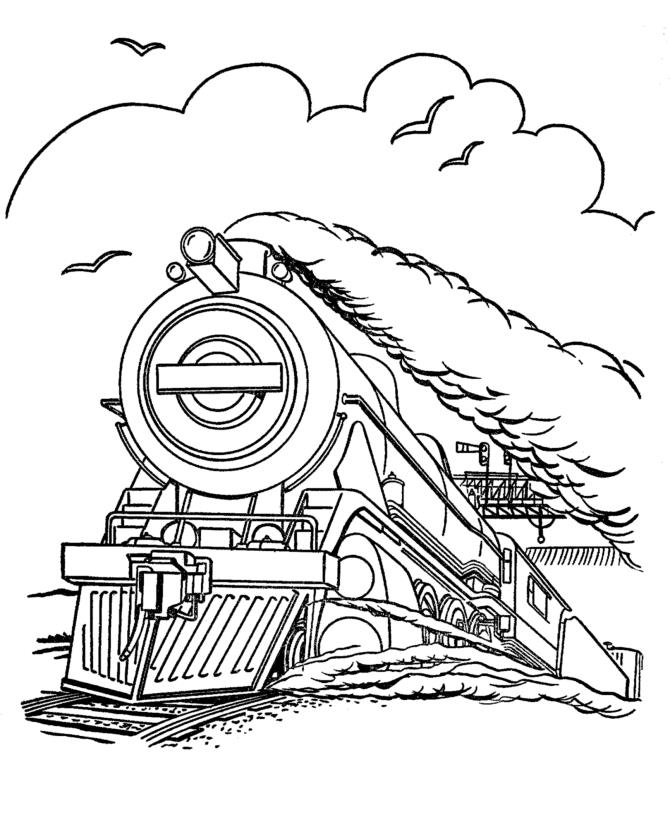 Раскраска поезда с дымом из трубы, чайками в небе и птицами (поезды, дым, чайки, птицы)