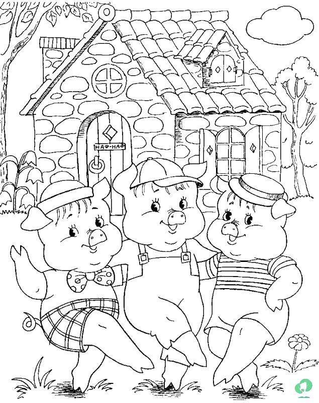 Раскраска с тремя поросенками и волком для детей (волк, праздники)