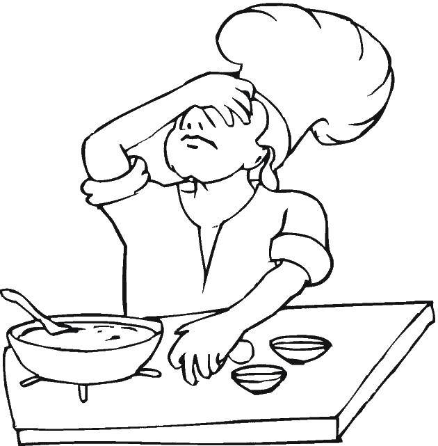 Раскраска на тему Кухня повар, плита, кастрюля (повар, кастрюля)