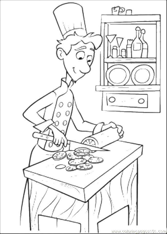 Раскраска для детей: Кухня повар, нож, колбаса, стол (повар, стол)