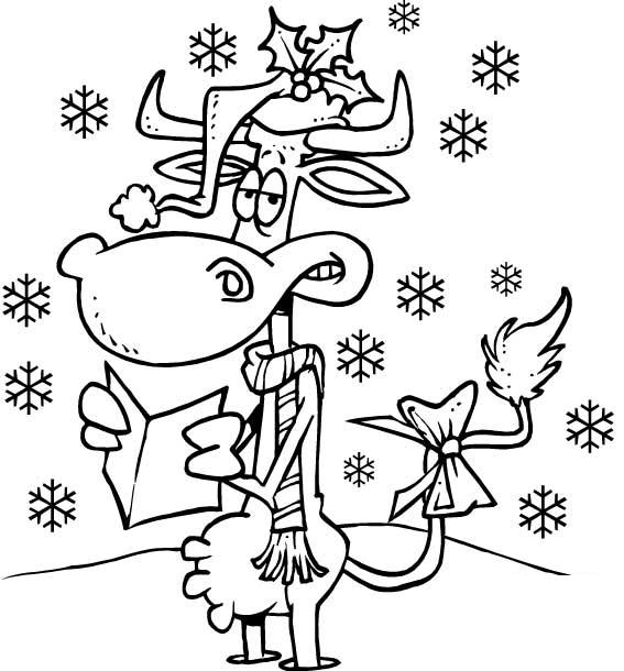 Раскраска забавной коровы на зимнюю тему (зима, корова)