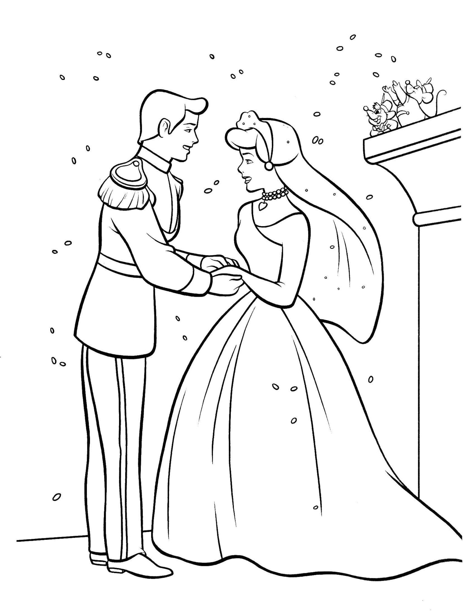 Раскраска свадебного платья (принцесса, принц, букет)