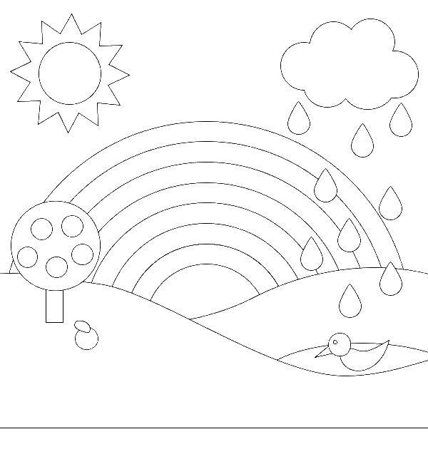 Раскраска природы с изображением радуги, солнца и дождя (дождь)