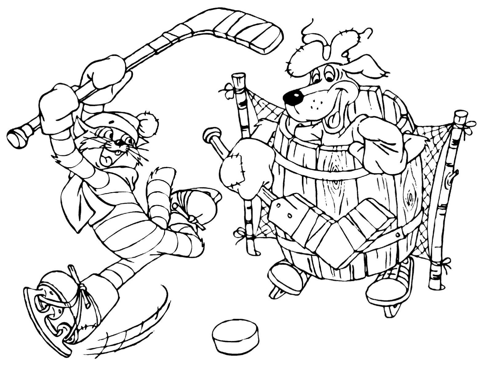 Раскраска с персонажами мультфильма Простоквашино играющими в хоккей на фоне зимнего леса (Простоквашино, хоккей, сказочная, развивающие)