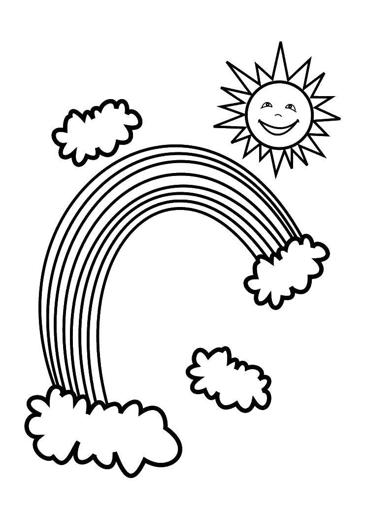 Раскраска с изображением радуги и солнца (погода, радуга, солнце)