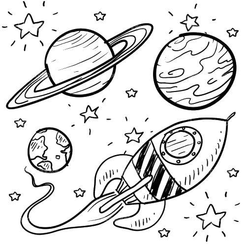 Раскраска космоса: ракета, звезды и космический корабль (ракета, звезды)
