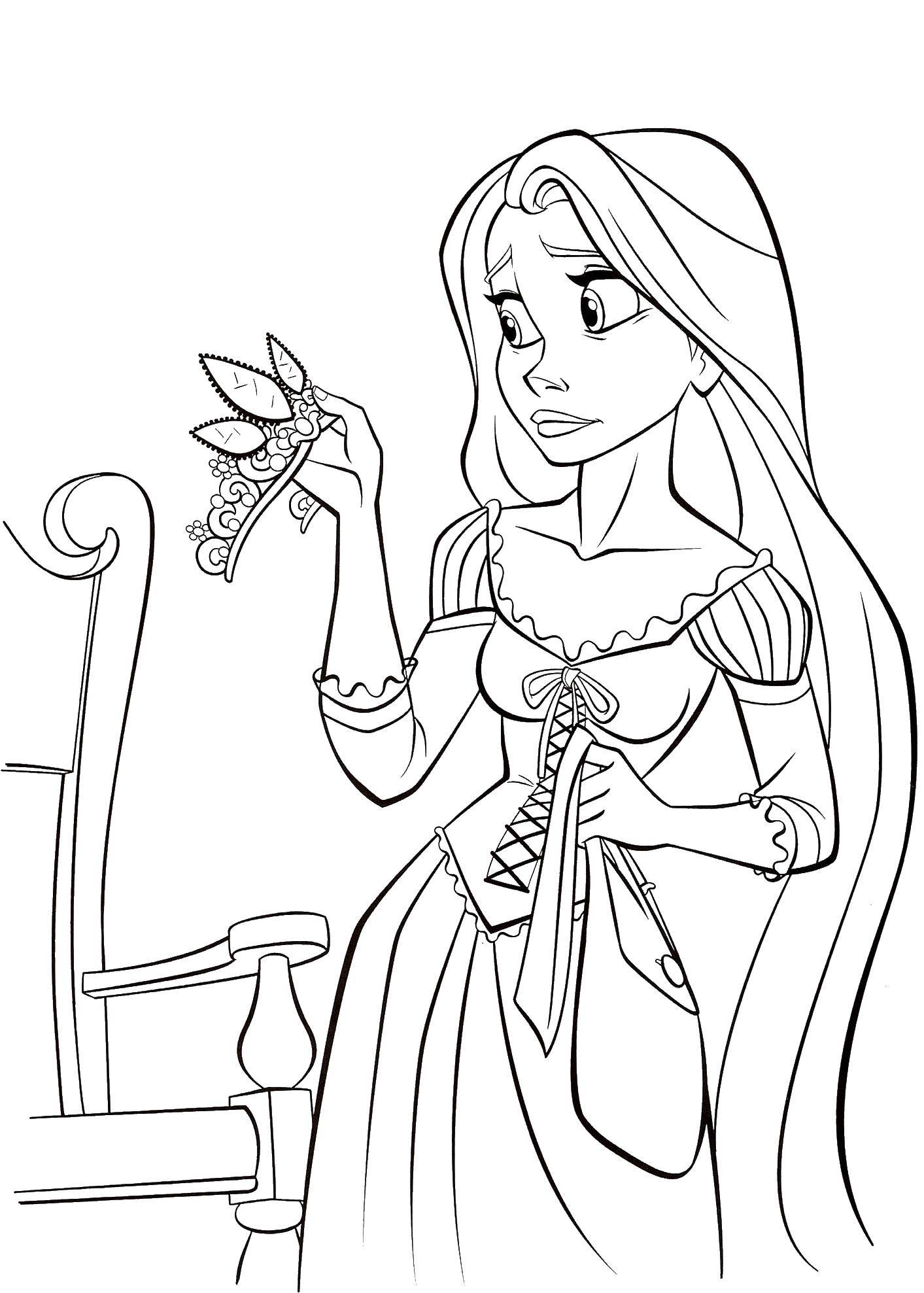 Рапунцель с короной и длинными волосами на раскраске (принцессы, рапунцель, корона)
