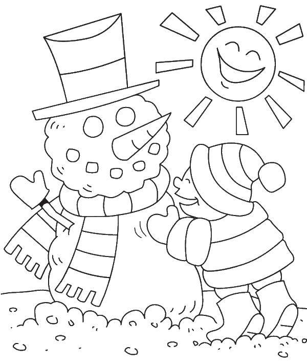 Раскраски на зимнюю тематику для детей: снеговики, зимние игры, солнце фоне снега (снег, солнце, развлечения)