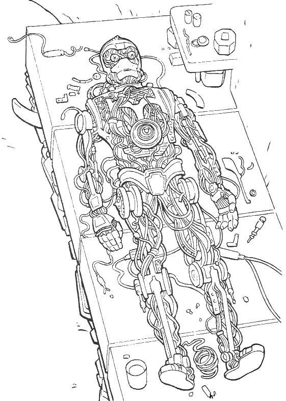 Раскраска корабля и робота из фильма Звездные войны (корабли, роботы)