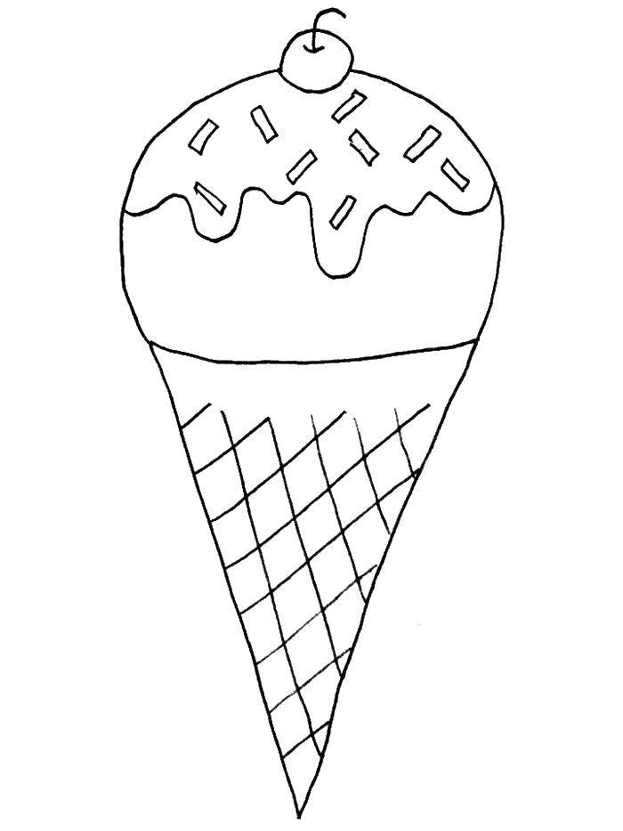 Раскраска летнего мороженого в рожке с вишней для детей (лето, мороженое, вишня)