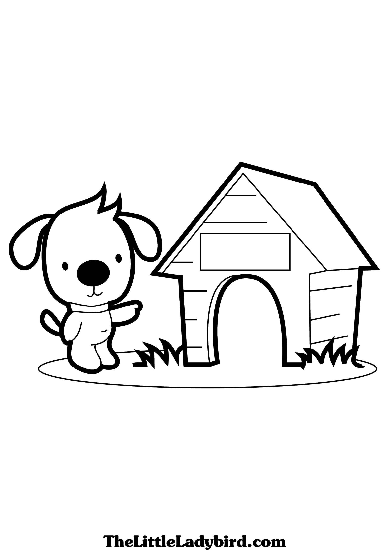 Раскраска с собакой и будкой для детей (собака, будка, распечатки)