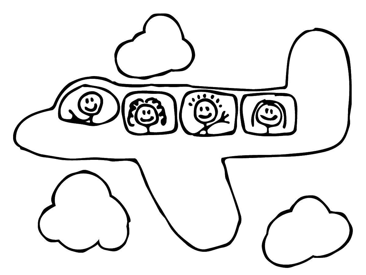 Раскраска самолета, летящего в облаках, с людьми на борту (облака, люди)