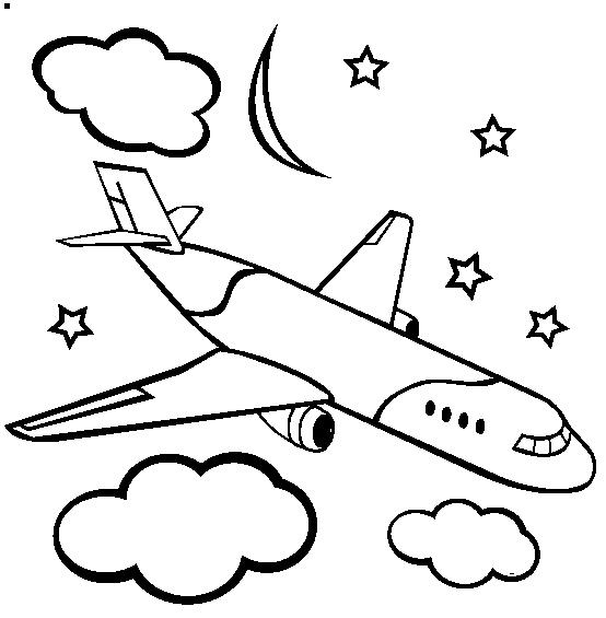 Раскраска Самолет в ночном небе с звездами, месяцем и облаками (самолет, месяц, облака)