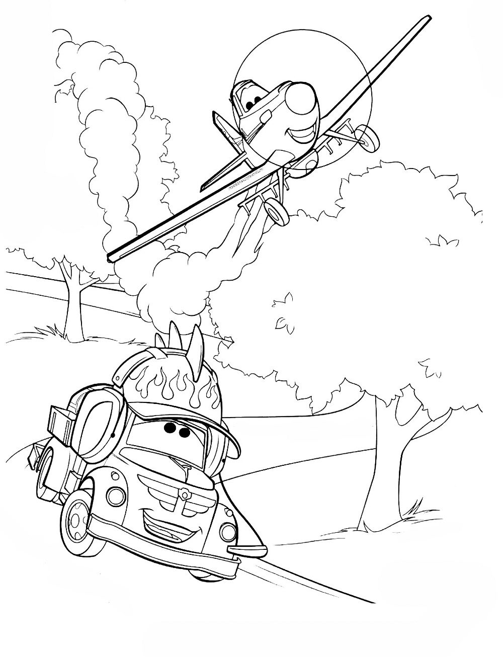 Раскраска самолета Дисней, на фоне дороги и деревьев, где самолет разговаривает с тачкой (самолеты, дисней, развлечение, деревья)