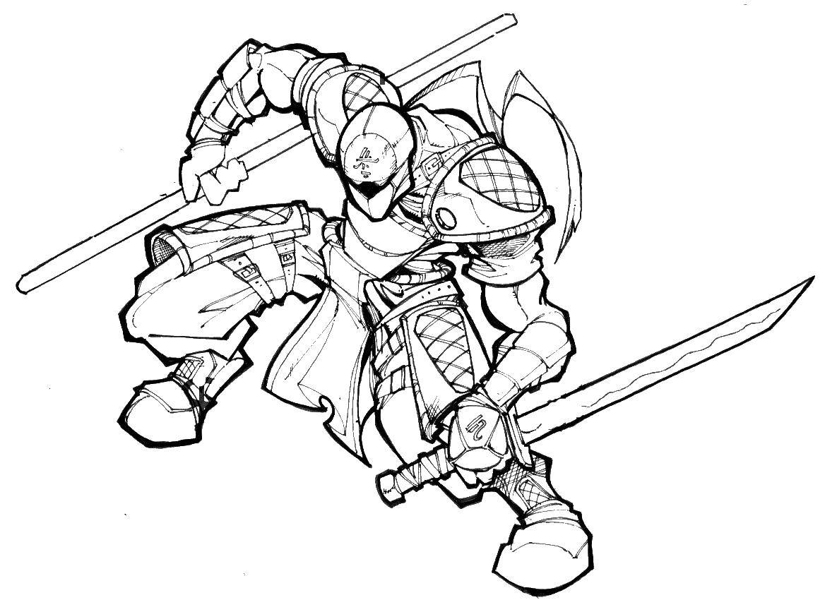 Картинка для раскрашивания Рыцарь и Самурай (рыцари, самураи)