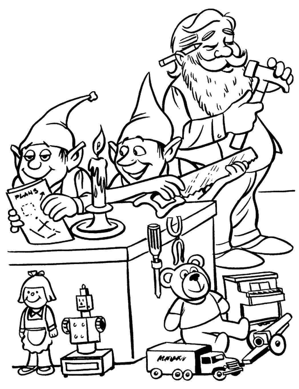 Раскраски на Рождество: Санта, эльфы, свечи, игрушки (Санта, эльфы, игрушки)