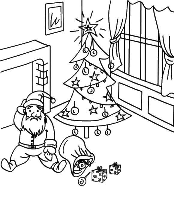 Раскраска на тему Рождество: Санта Клаус с подарками (подарки)