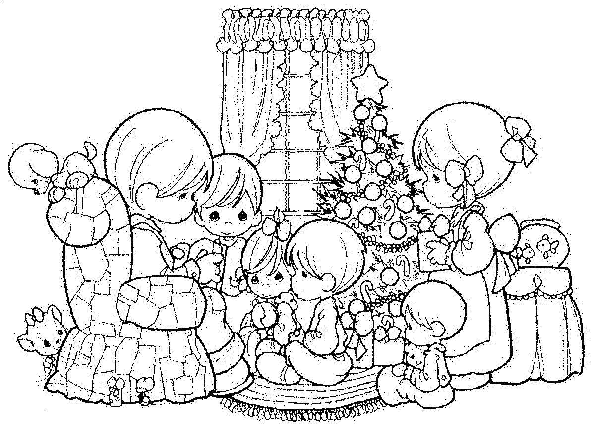 Раскраска семьи: мама, папа, дети, елка, игрушки (семья, елка, игрушки)