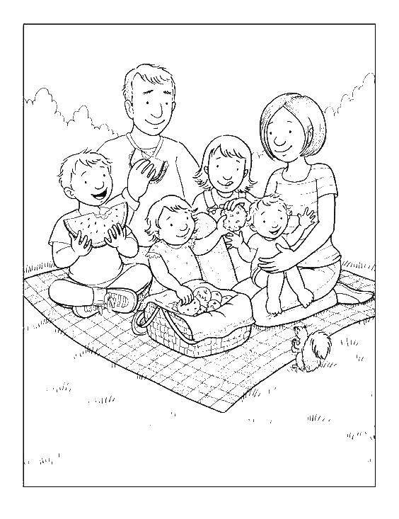Раскраска на тему семейного пикника в природе (семья, пикник)