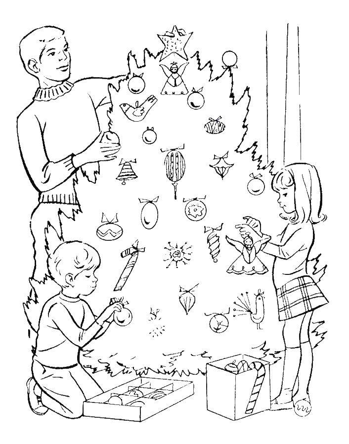 Раскраска ёлки на Новый Год (ёлка, игрушки, семья)