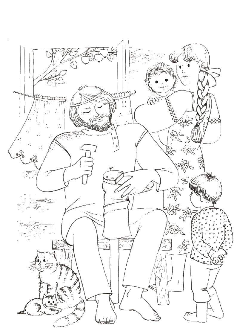 Раскраски с семьей мама, папа, дети, кошки (дети, кошки, дети)