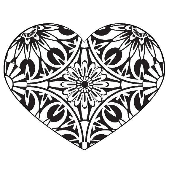 Раскраска с надписью Я тебя люблю в форме сердца, украшенная узорами и цветком (сердце, узоры, цветок)