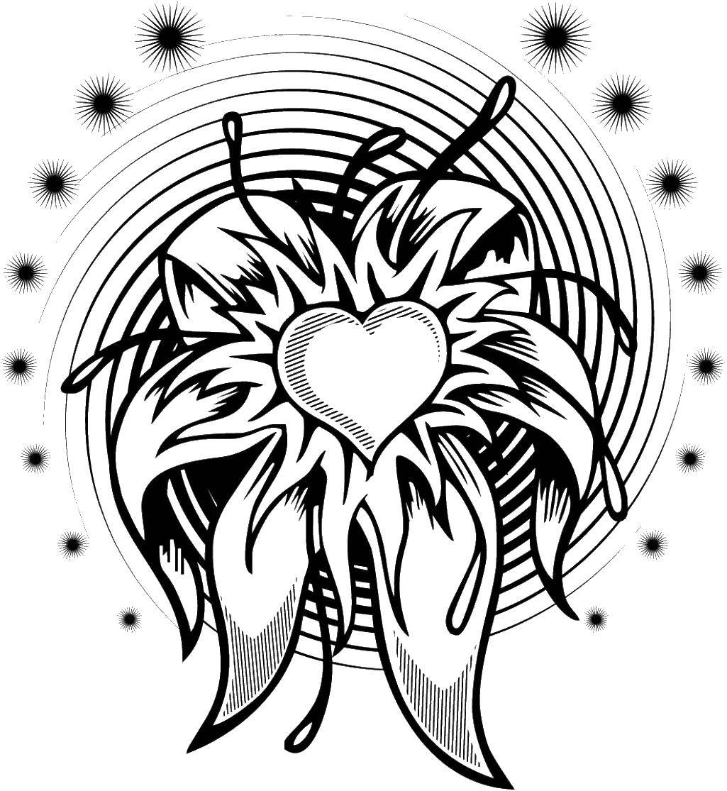 Раскрашенное сердечко с узорами, цветком и нестандартной формой (сердечки, цветок, форма)