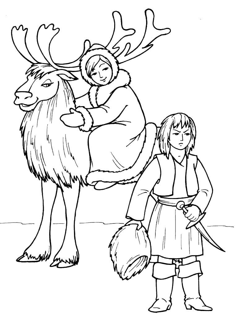 Раскраска зимнего леса с Северным оленем Гердой и Разбойницей (зима, разбойница, сказочная)