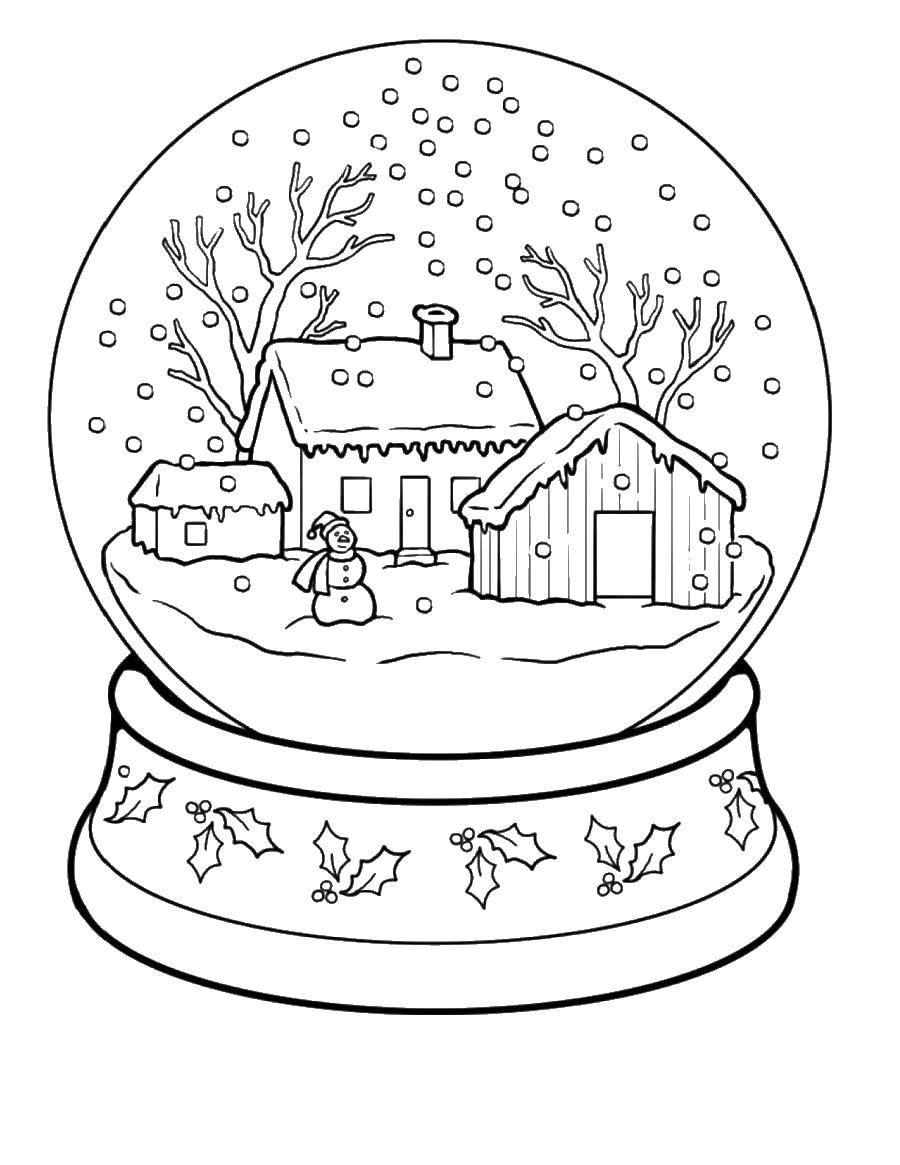 Раскраска зима с шарами, снегом и снеговиком для малышей (зима, шар, снеговик)